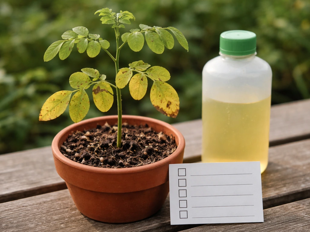 Close-up of yellowing moringa leaves beside a fertilizer bottle and nutrient checklist card on soil