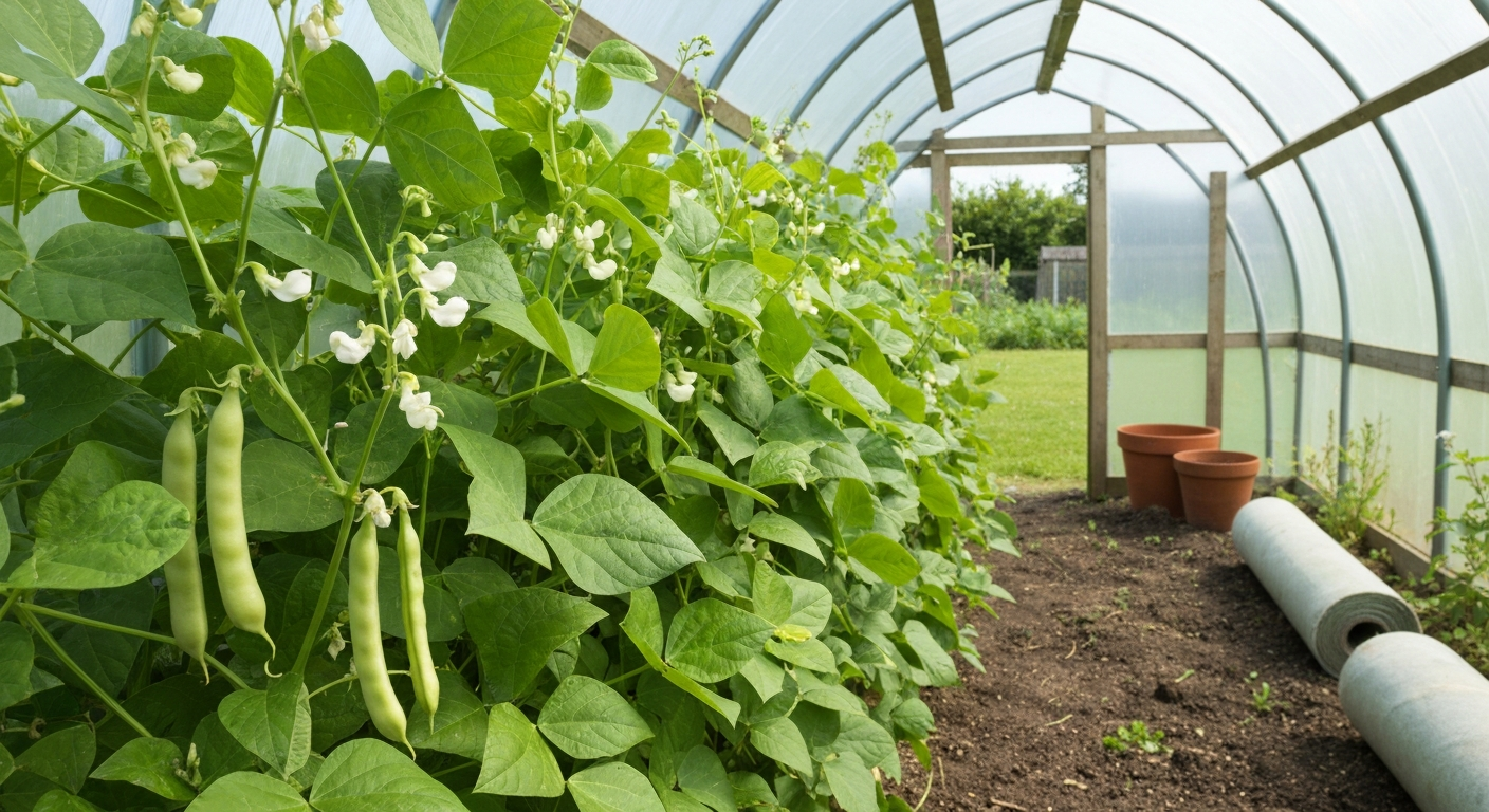 Butter bean plants with flowers and pods growing in a sunny UK polytunnel and adjacent garden bed.