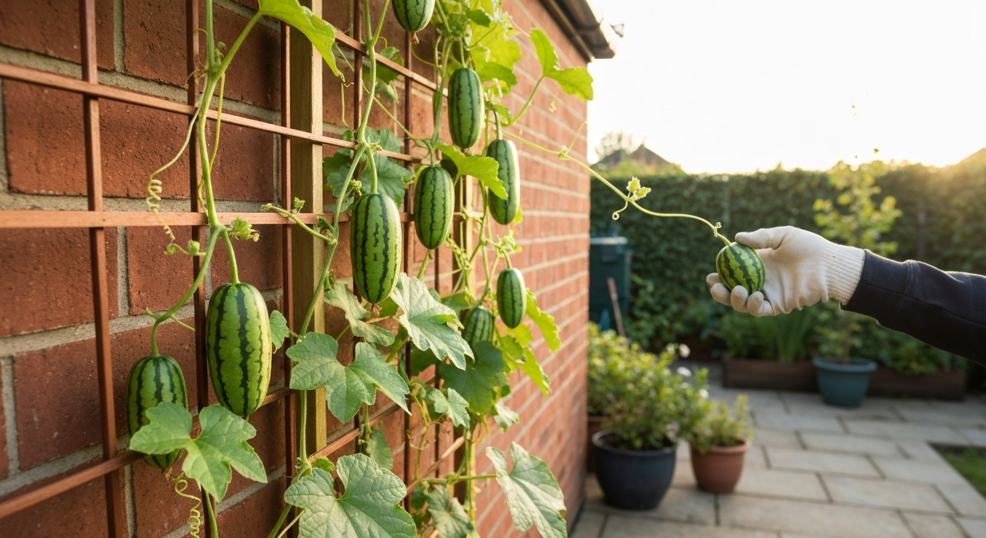 Cucamelon vine on a trellis against a south-facing brick wall in a UK garden, close-up of tiny watermelon‑like fruits and a gloved hand harvesting one.