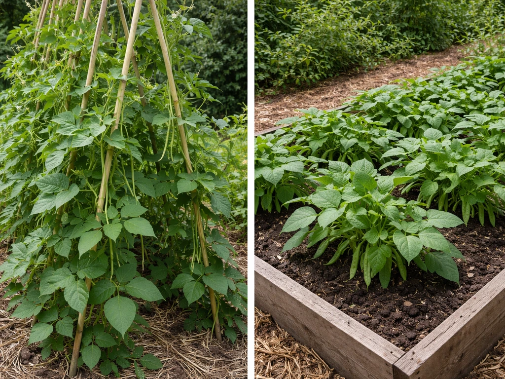 Split-scene garden photo with thriving UK climbing beans on canes and bush beans in a bed