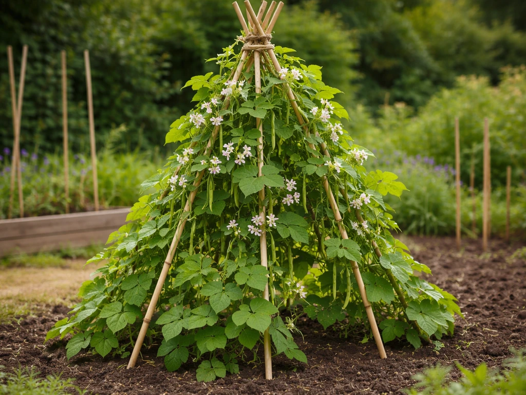 Bamboo wigwam supporting climbing French bean vines with flowers and green pods in a UK garden.