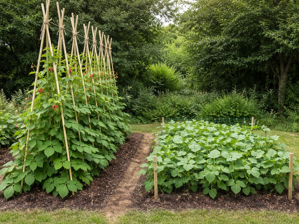 Garden canes with runner beans beside a small trellis with French bean plants in two simple beds.