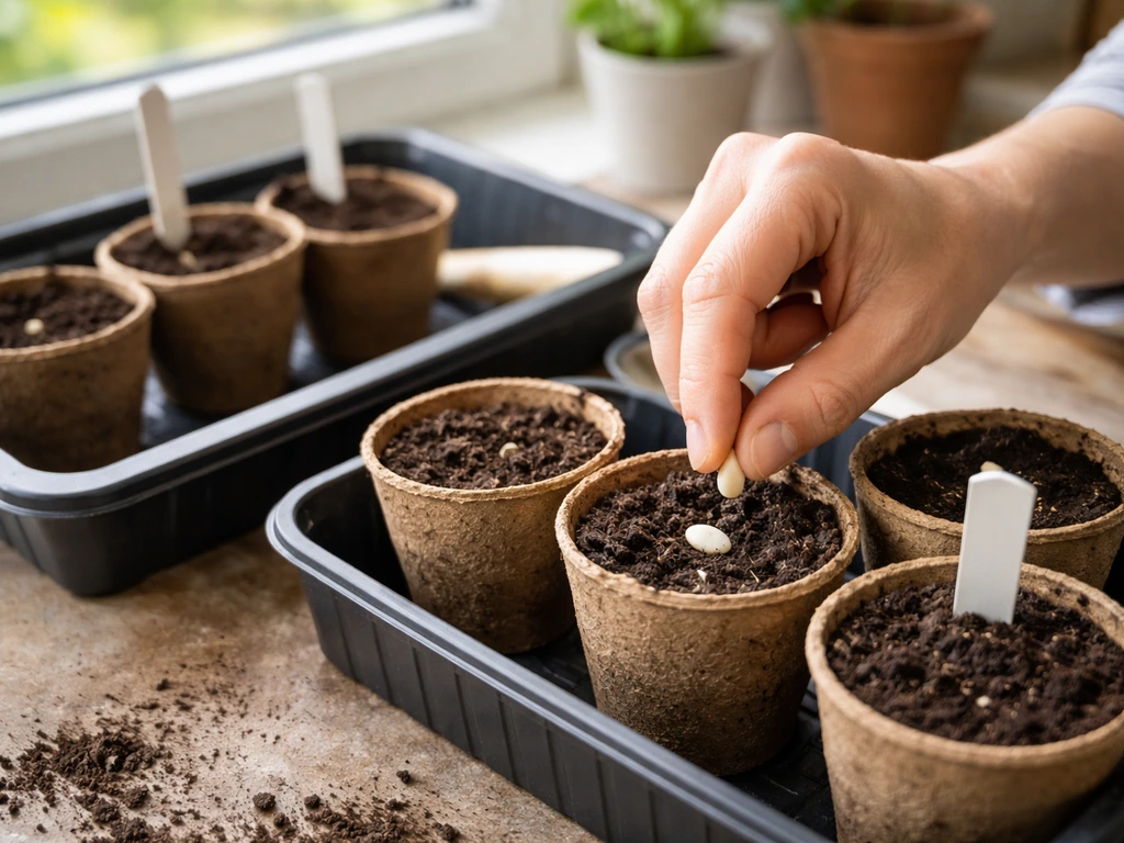 Hands place one bean seed into a small pot indoors beside a sowing tray of similar pots.