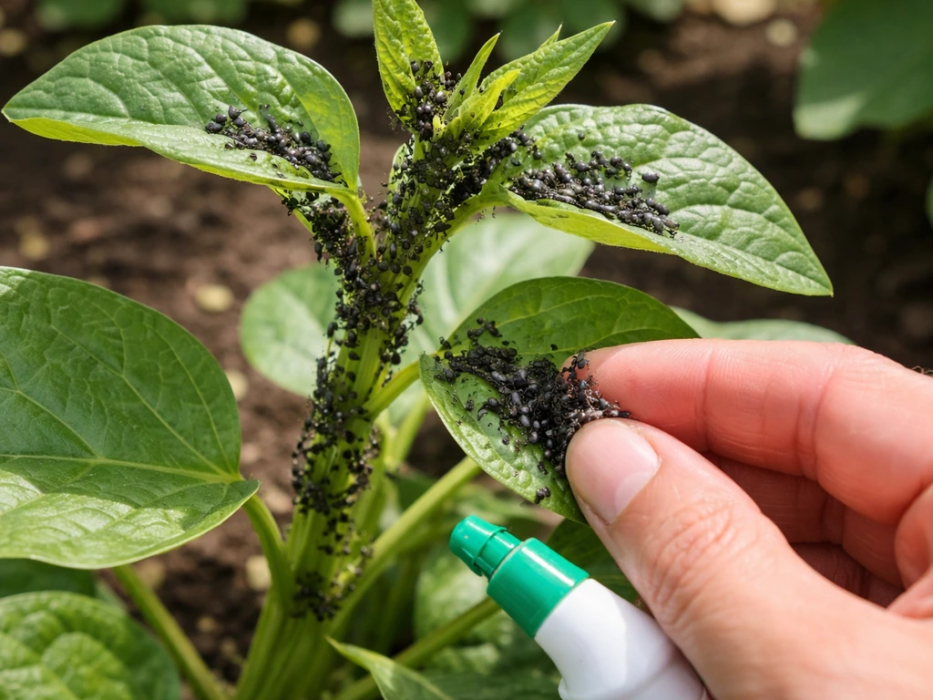 Close-up of a young bean plant with black aphid clusters on leaf undersides and a hand removing them.