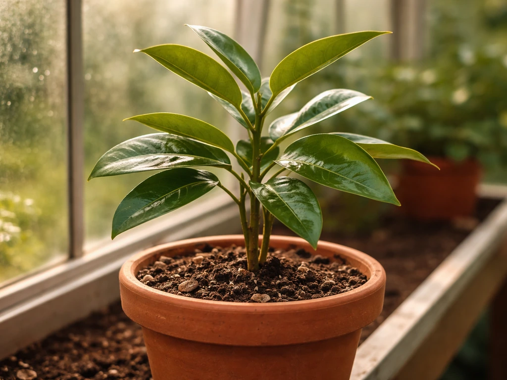 Small nutmeg plant on a greenhouse bench with warm light and moist potting soil
