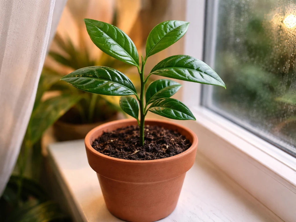 Close-up of a small nutmeg sapling with glossy green leaves in a terracotta pot by a window.