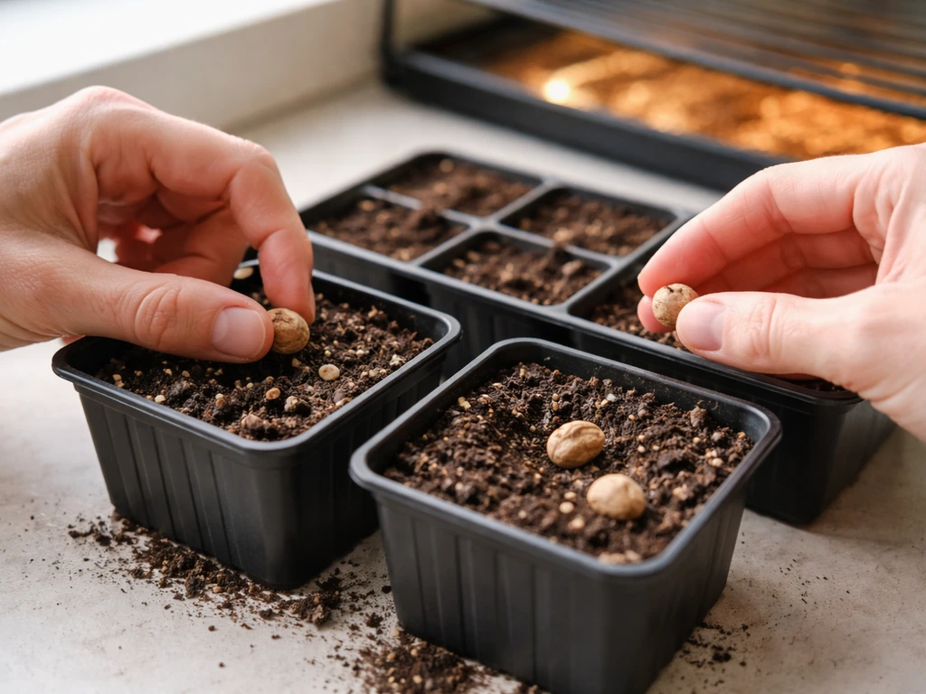 Hands sow nutmeg seeds into small pots with warm seed tray setup in the background.