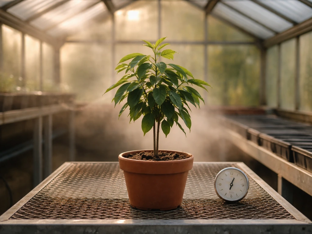 Young nutmeg tree in a container on a heated greenhouse bench with a small thermometer nearby.