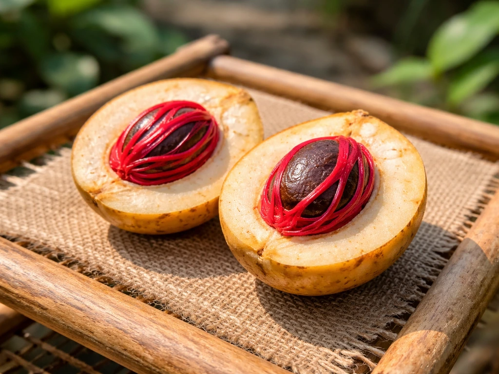 Broken open nutmeg fruit with bright red aril around the seed on a simple sun-drying rack