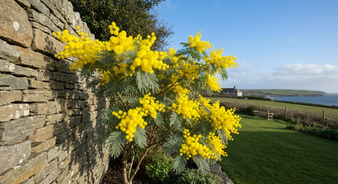 Acacia dealbata in bright yellow bloom against a south-facing stone wall in a sheltered coastal UK garden.