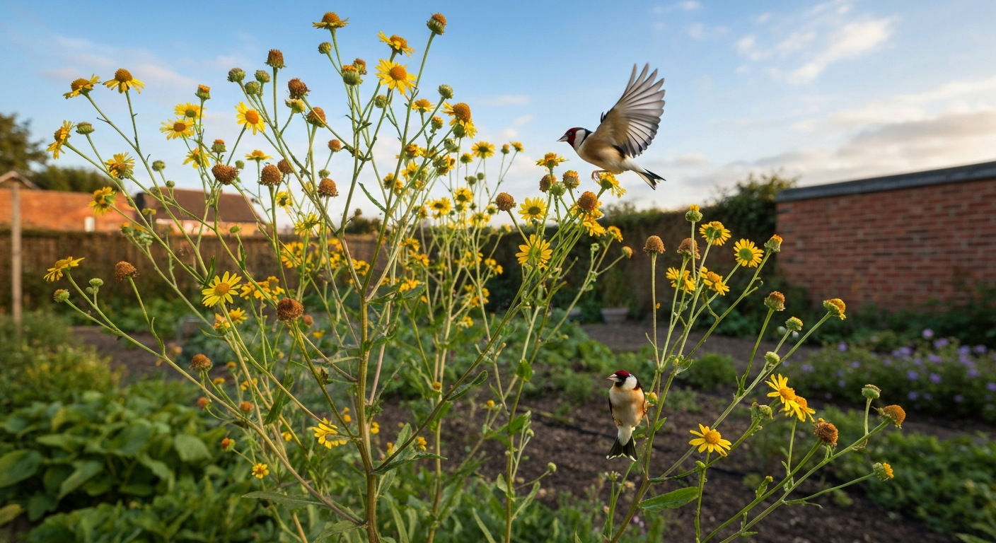 Late-summer UK garden patch of mature niger plants with yellow daisy flowers and ripening seed heads; a goldfinch perched on a seed head.