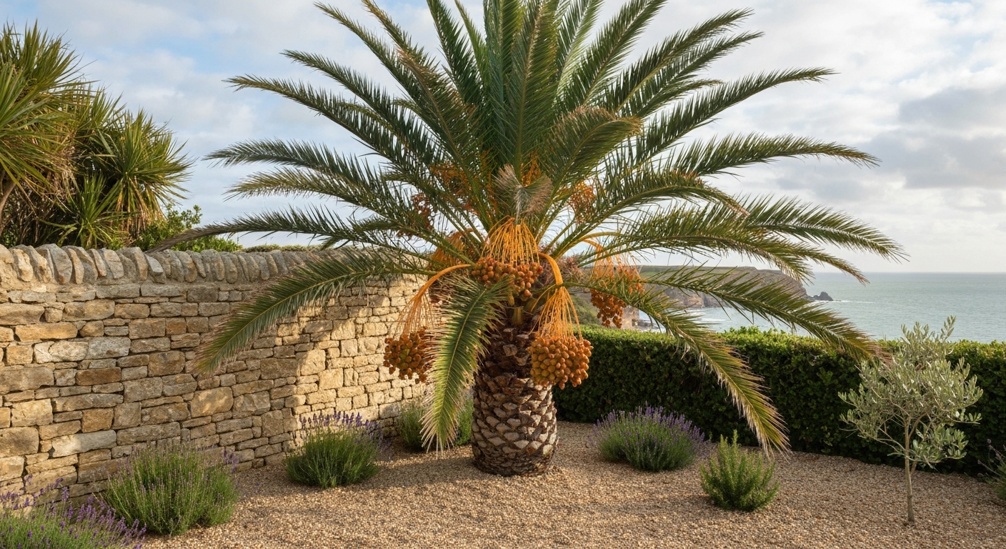 Date palm in a sheltered British coastal garden with a south-facing wall and sea in the background, showing a mild microclimate suitable for palms.