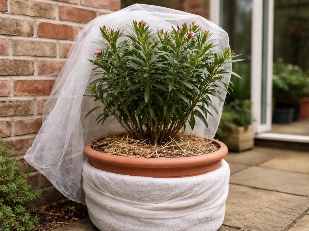 Oleander in a large pot on a sheltered patio with fleece frost protection and mulch around the base.