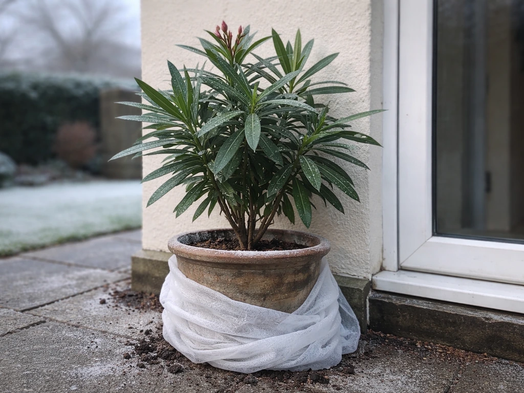 Potted oleander shrub on a patio outside in winter chill, showing cold protection setup