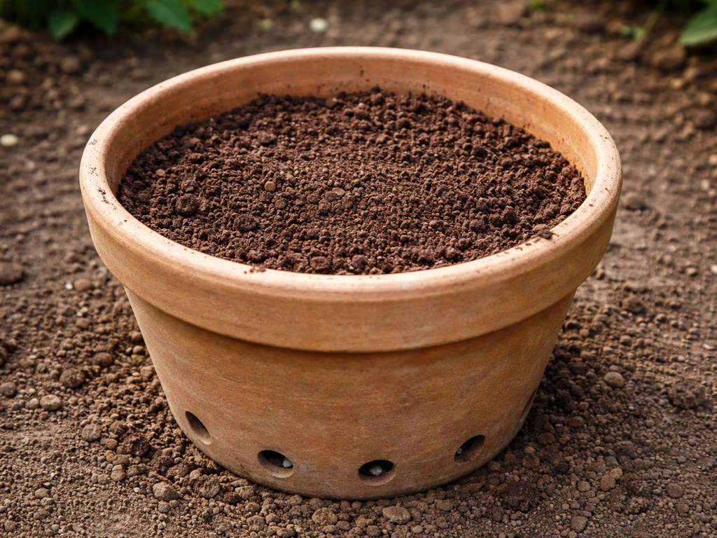 Closeup of a UK garden container showing drainage holes, gritty base layer, and loam-based compost mix