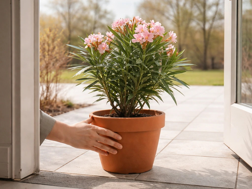Oleander plant on a patio during spring, being moved outside after frost risk passes.