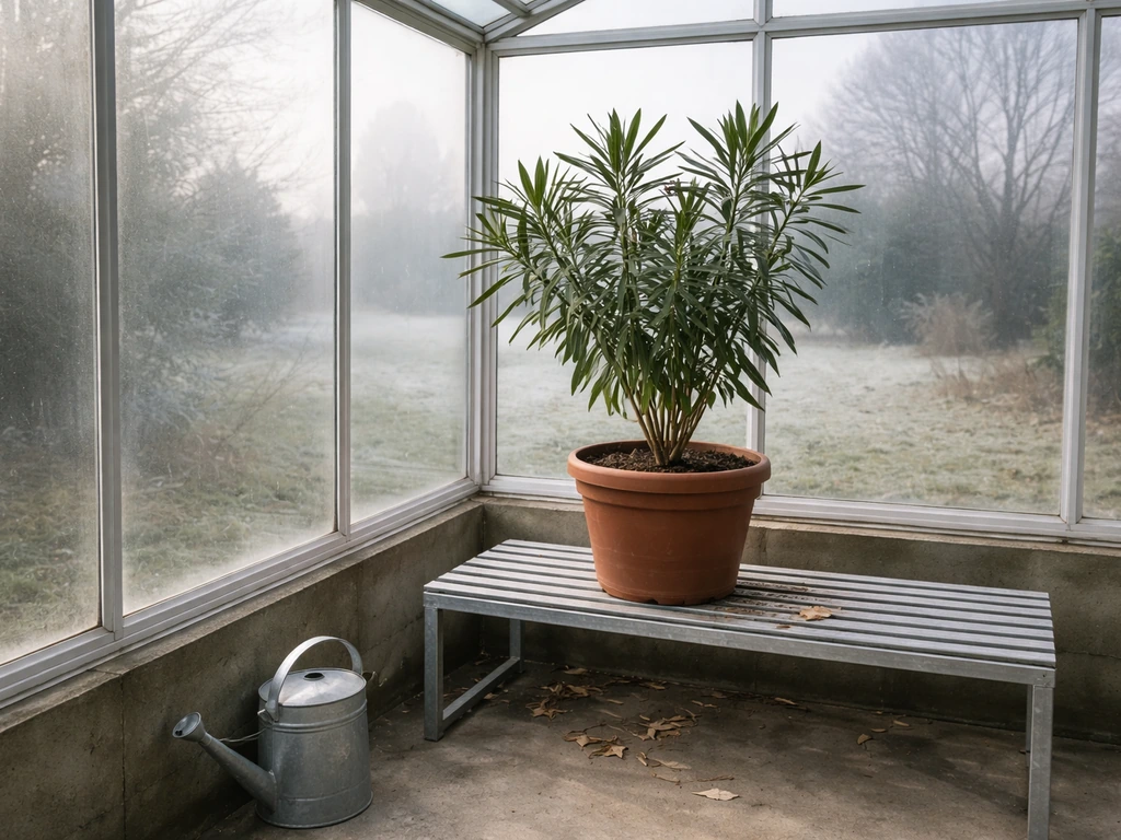 A potted oleander placed in a bright winter greenhouse with minimal watering setup