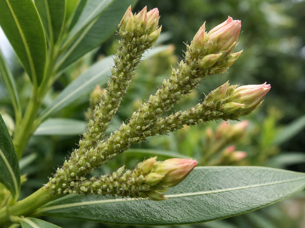 Close-up of aphids clustered on fresh oleander buds and new growth.