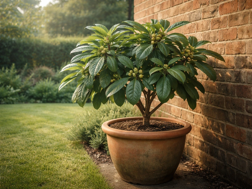 Loquat tree thriving in a container beside a south-facing brick wall in a UK garden.