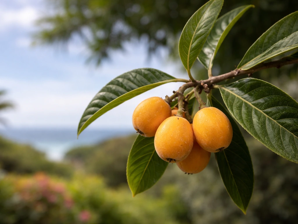 Loquat branch with glossy leaves and small fruits against a simple mild coastal-like background.