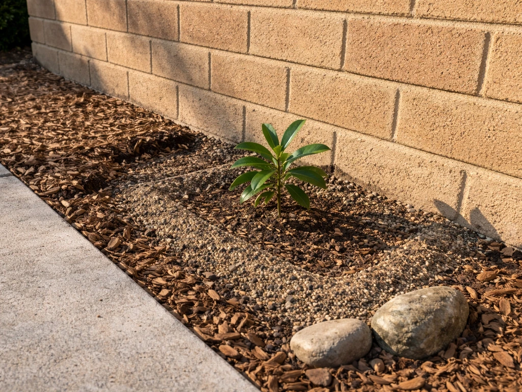 Loquat planting bed beside a warm south-facing wall with mulch and free-draining soil