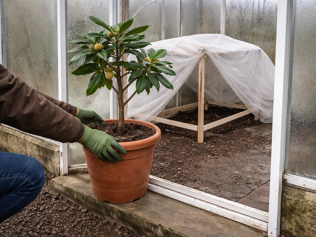 A potted loquat tree is guided into a cool greenhouse for winter frost protection with fleece frames visible.