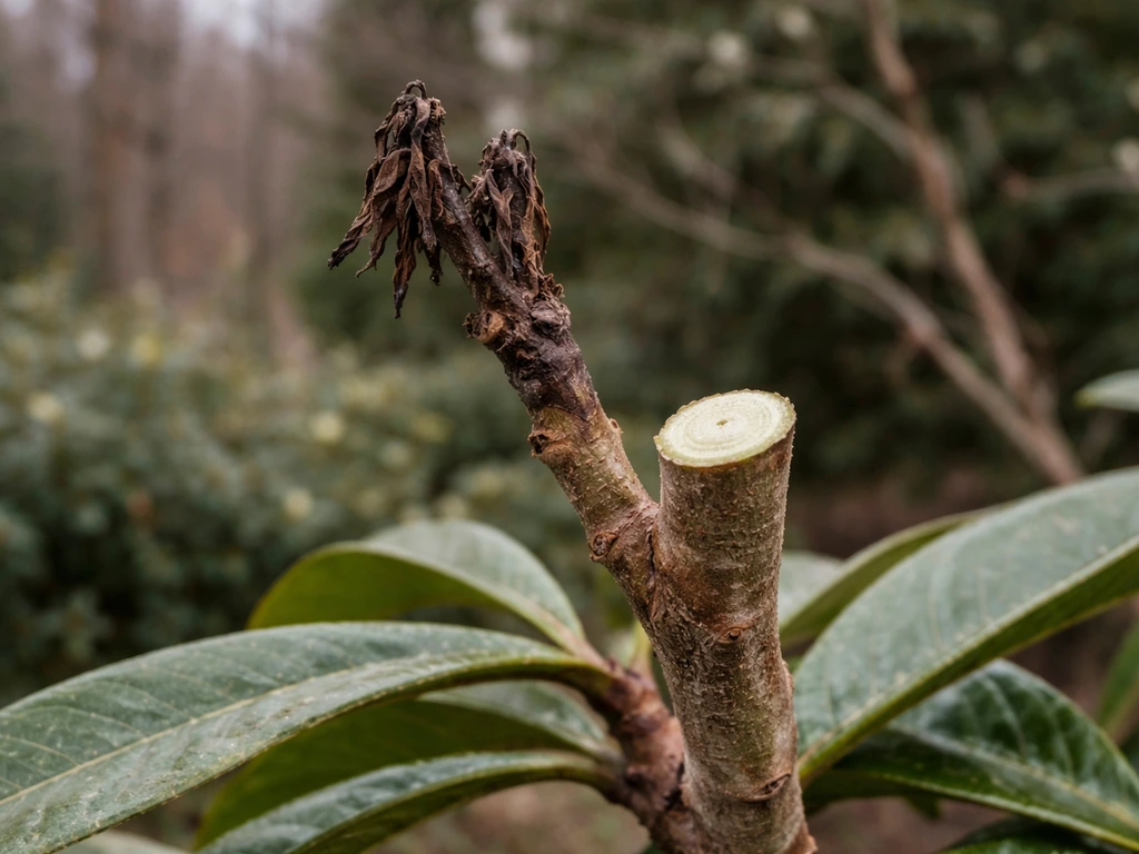 Close-up of frost-damaged browned branch tips cut back to healthy green wood on a fruit tree.