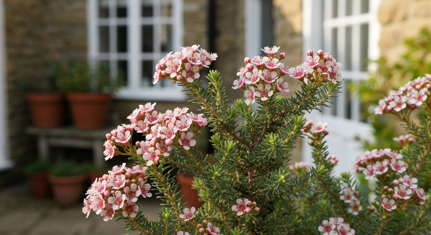 Geraldton wax (Chamelaucium uncinatum) in bloom in a sheltered British courtyard.