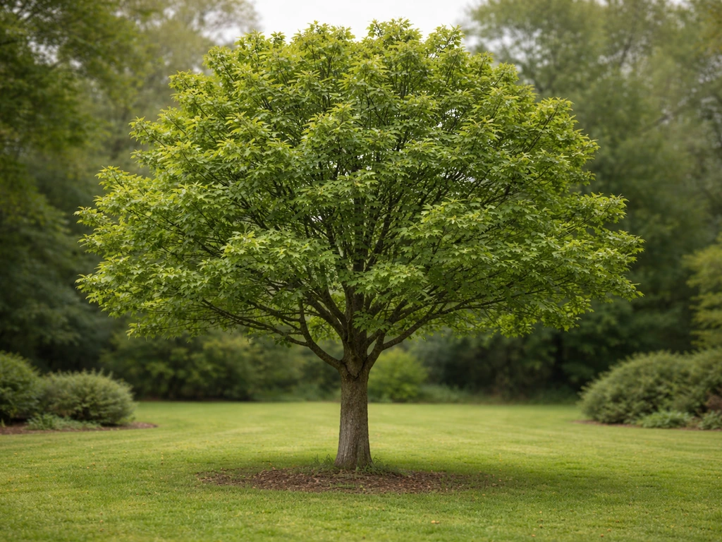 Healthy field maple tree in a UK-style park with green grass and temperate landscaping.