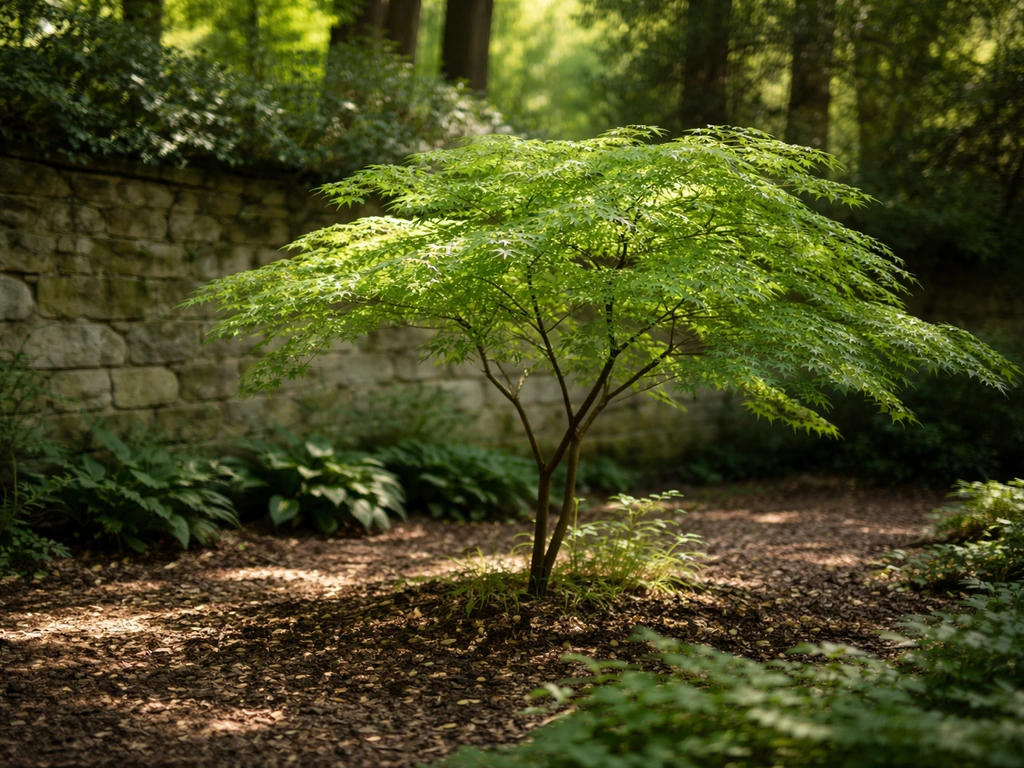 Japanese maple in dappled light under trees beside a stone wall, showing cool shade conditions
