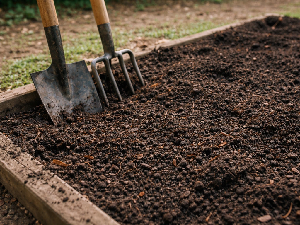 Close-up of a spade and fork preparing a small planting bed with compost-mulch mixed into soil.