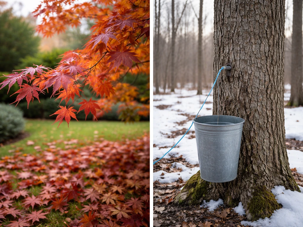 Split view of ornamental maple leaves vs a late-winter sugar maple tapping setup with bucket and tubing