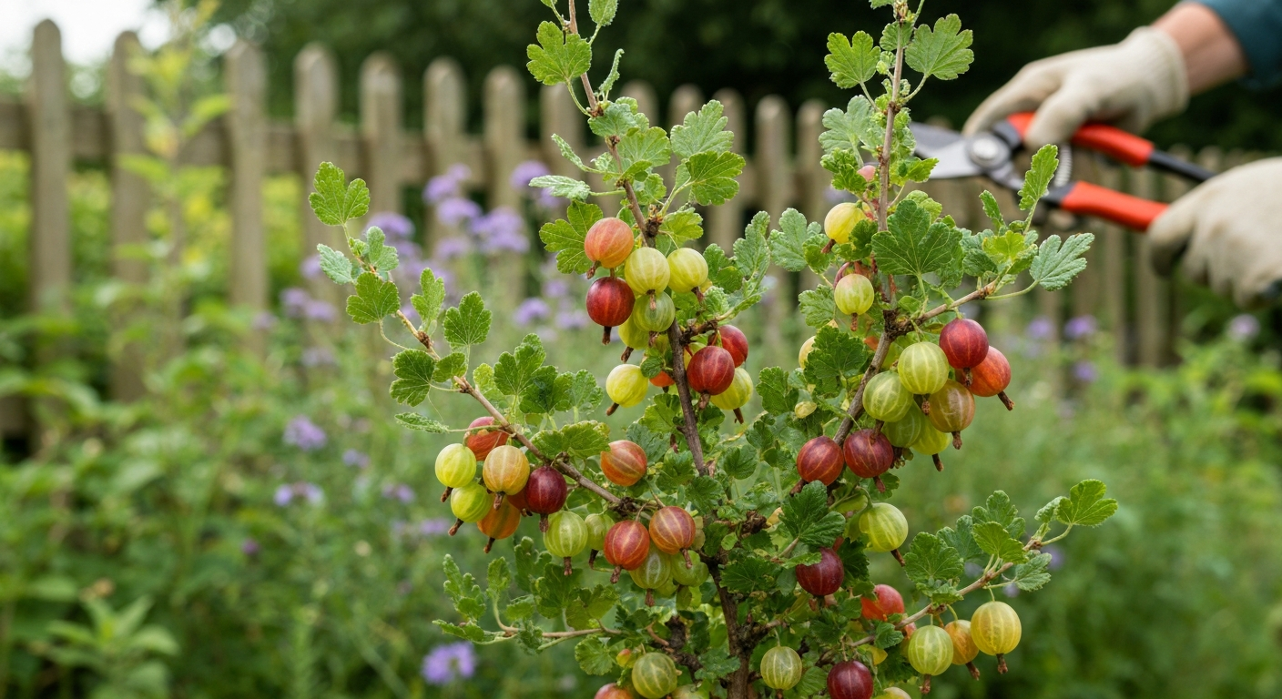 Gooseberry bush laden with green, red and yellow fruit in a UK cottage garden.