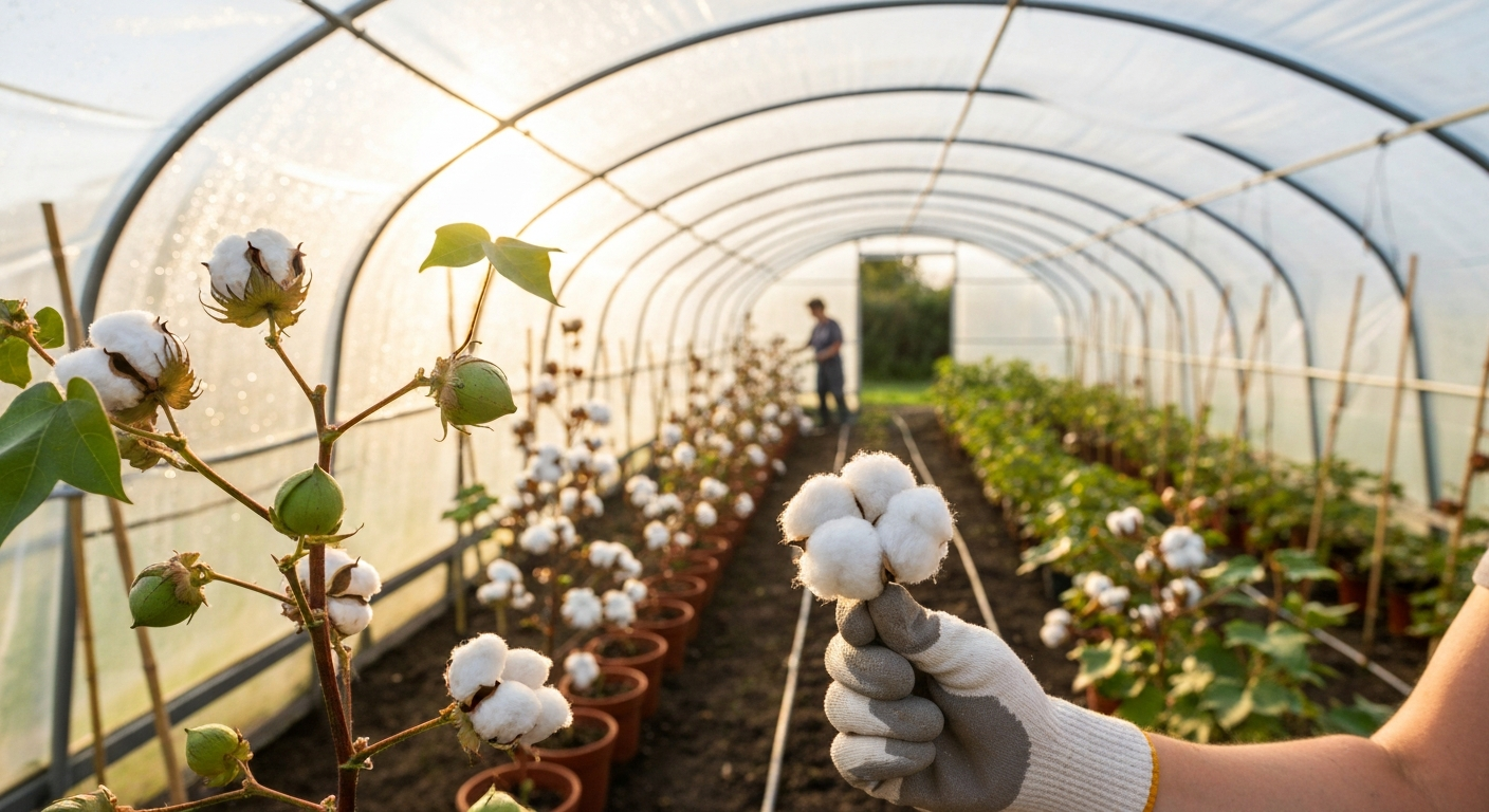 Cotton plants with green bolls and open white lint growing inside a sunny UK polytunnel; a gardener’s hand holds an open boll.