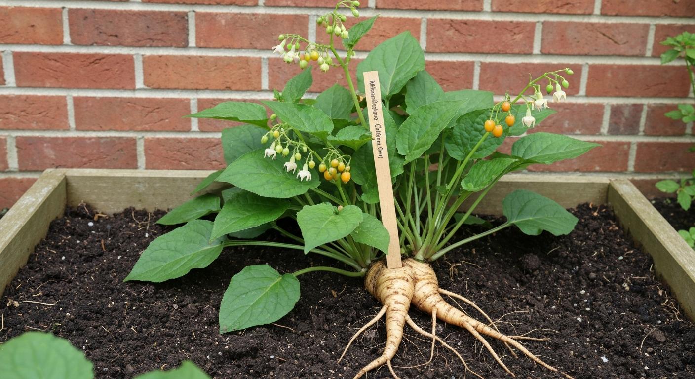Mandragora officinarum (mandrake) plant in a sunny raised bed against a brick wall, showing leaves, berries and a partially revealed long taproot.