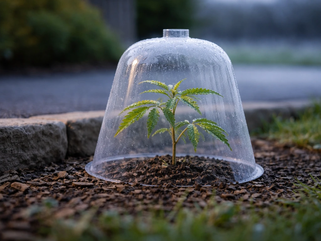 A neem plant in a UK garden, sheltered outdoors to suggest cold risk during cooler weather.