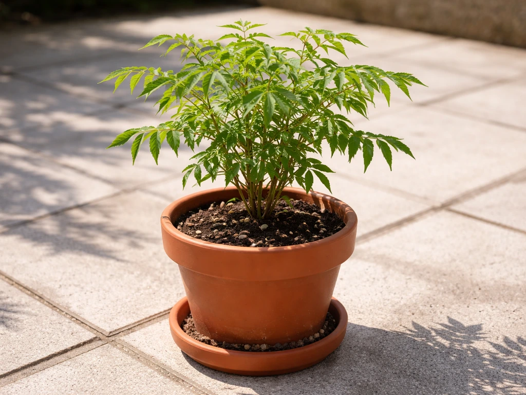 Neem tree in a terracotta pot on a patio, lush green leaves in summer light.