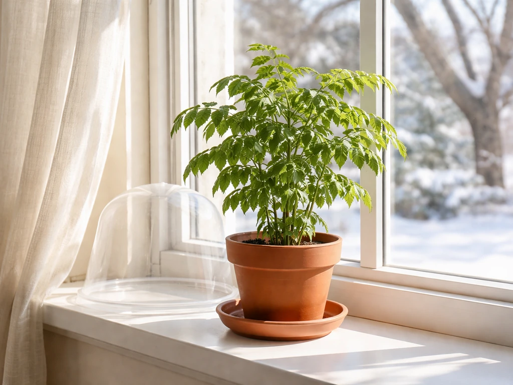 Neem plant on a bright south-facing windowsill indoors with a protective setup in winter light.