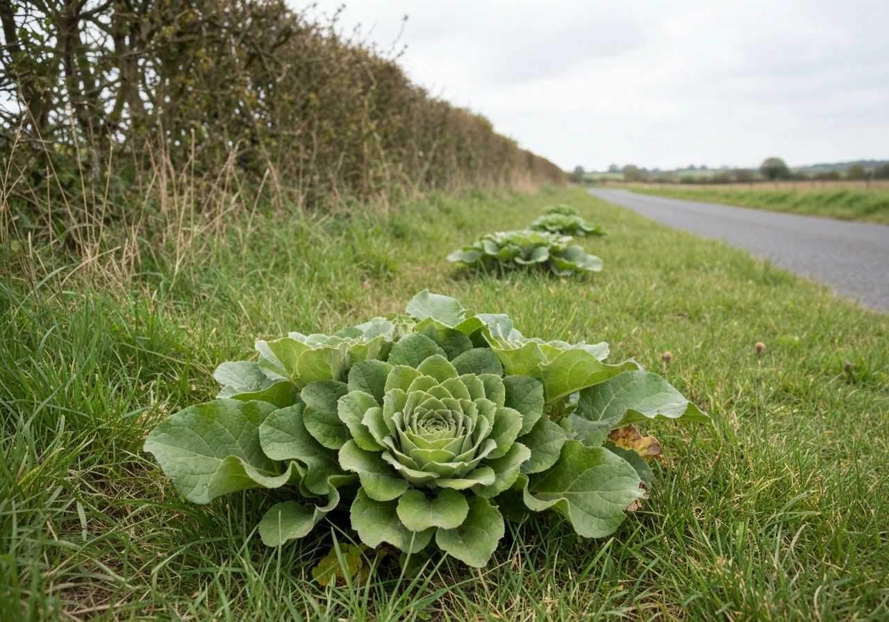 Burdock rosettes growing along a hedgerow roadside verge in the UK countryside.