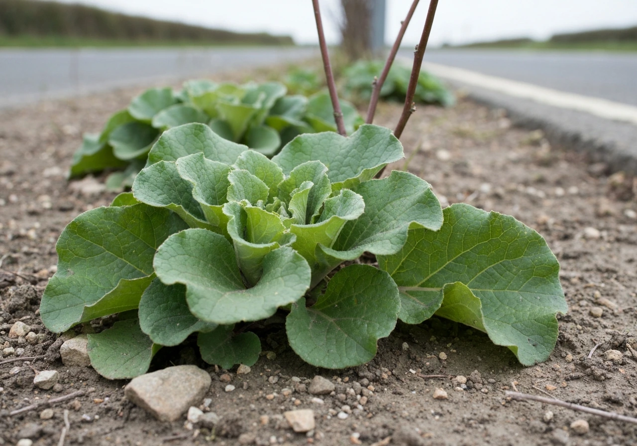 Greater burdock rosette leaves growing wild on a UK roadside verge beside disturbed ground.