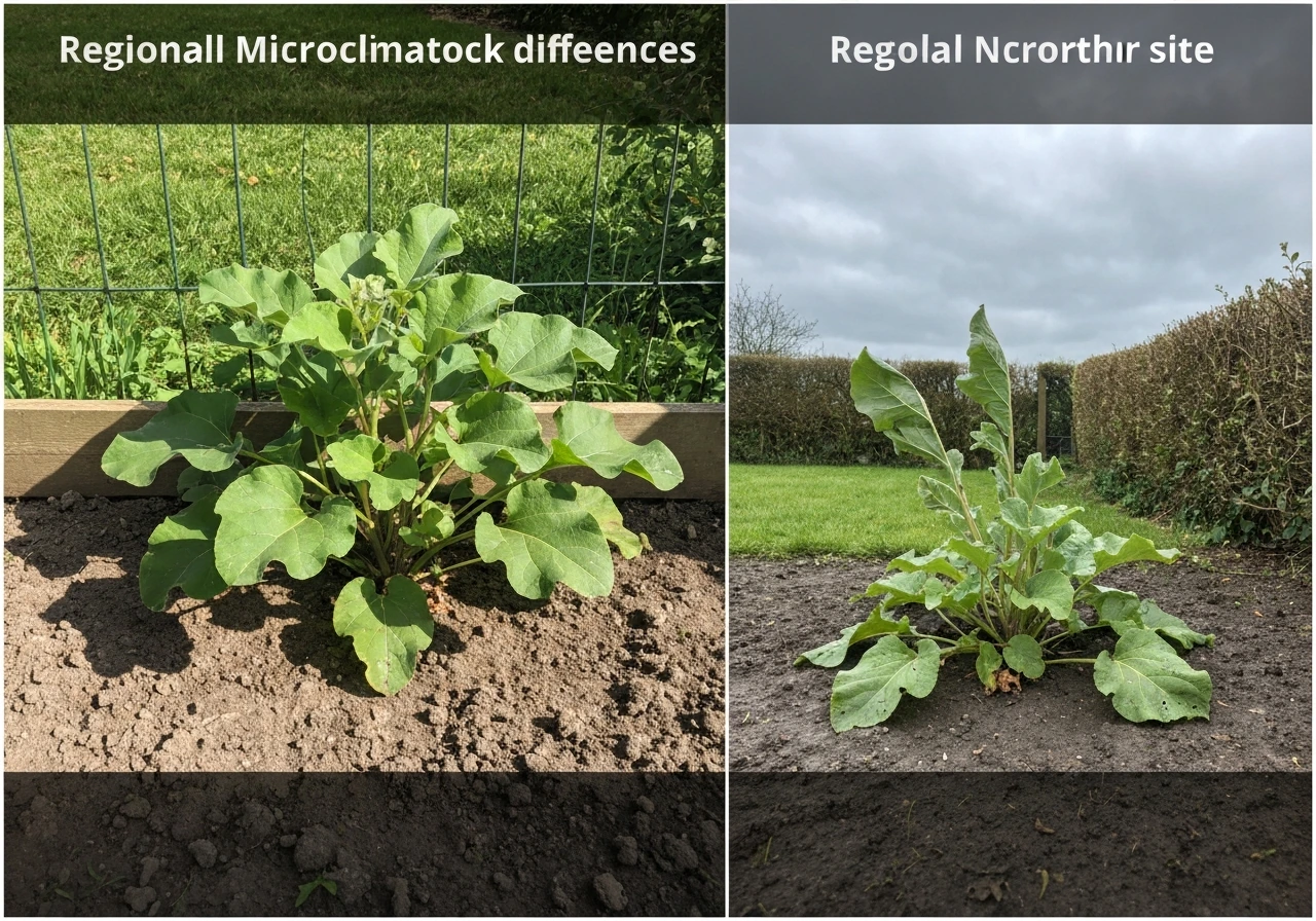 Two-panel split view of burdock plants in a sheltered southern garden vs a cooler northern windy site.