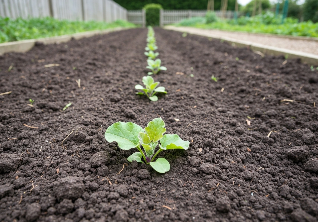Close view of a UK back-garden burdock bed with spaced seedlings and a first-year leaf rosette in deep soil.
