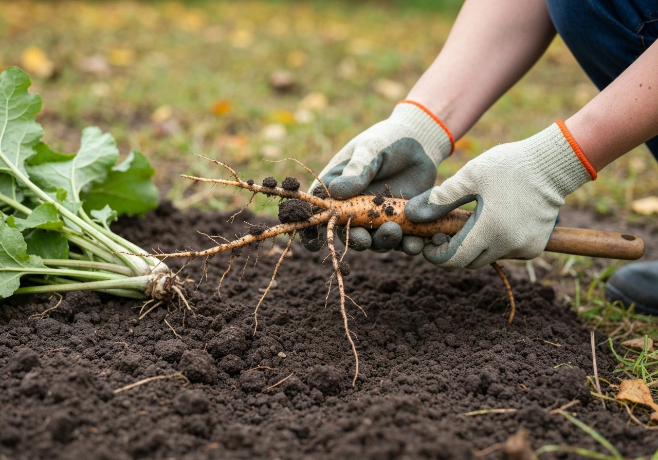 Autumn hand digging a first-year burdock taproot from soil, roots partially exposed, plant removed.