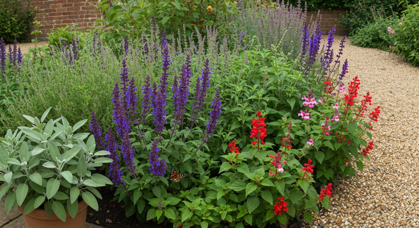Mixed salvia planting in a British cottage garden showing hardy and half-hardy species in flower.