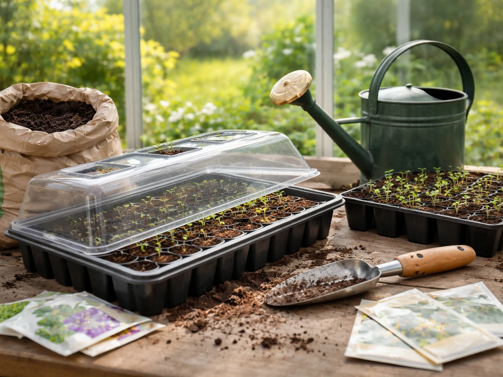 UK greenhouse bench with seed trays, compost, and young perennial seedlings