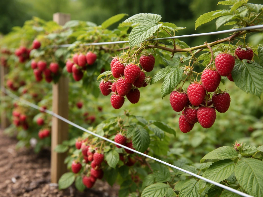 Lush raspberry canes on a trellis with ripe red berries in a UK garden under soft daylight.