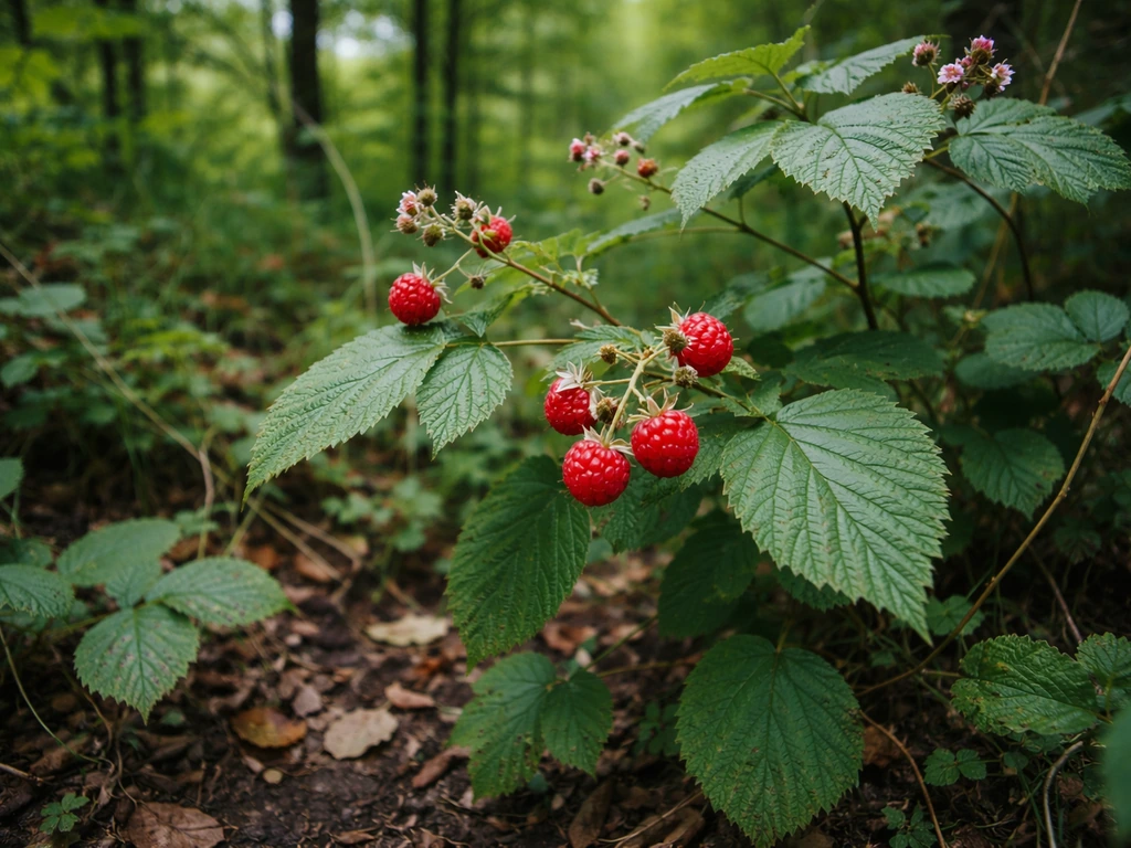 Wild raspberry canes with ripe berries growing in a UK hedgerow at a woodland edge