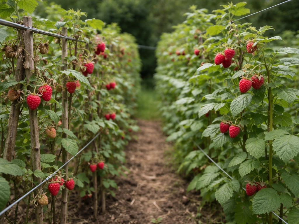 Two raspberry cane types on one trellis: older fruiting canes on one side, newer primocanes on the other.