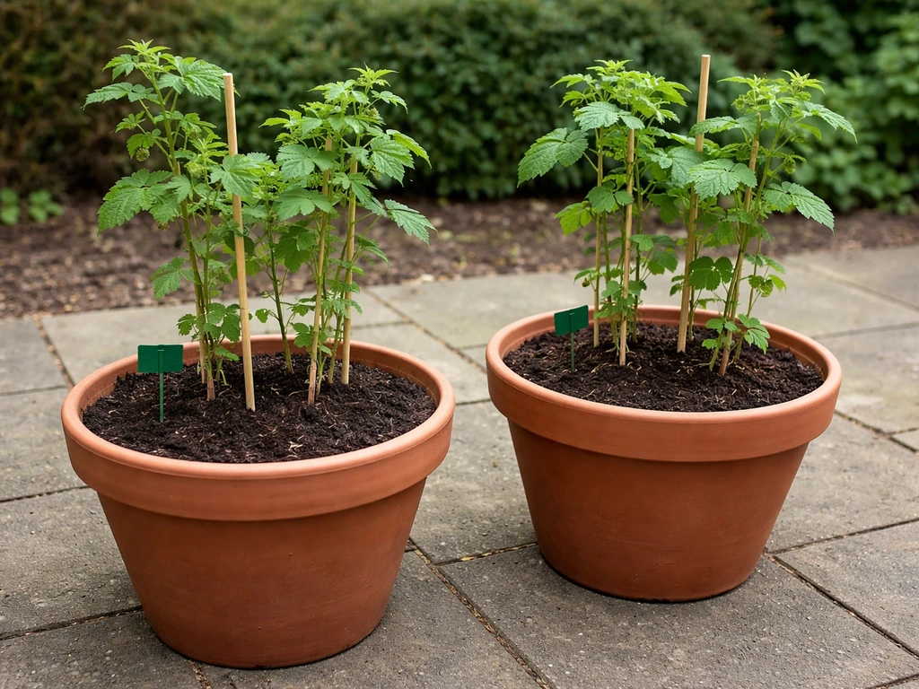 Raspberry canes in large 40cm+ pots on a patio, with compost and small plant ties/tags nearby