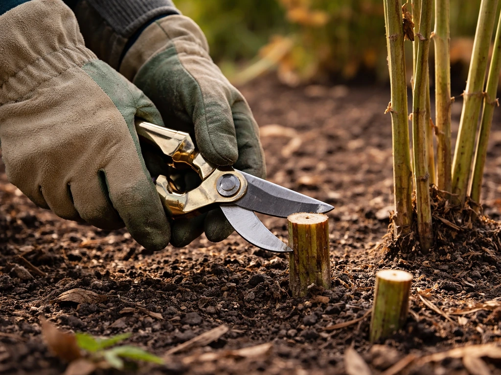 Gloved hands using secateurs to cut raspberry canes in a garden bed, pruning for UK autumn growth